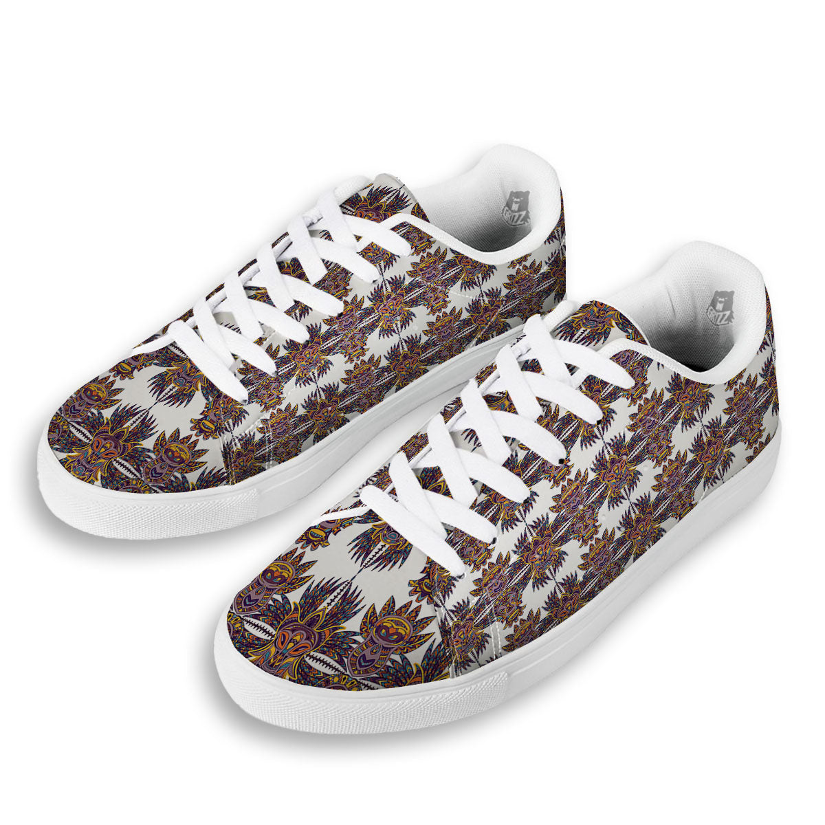 Tiki Mask Ornament Print Pattern White Low Top Sneakers-grizzshop