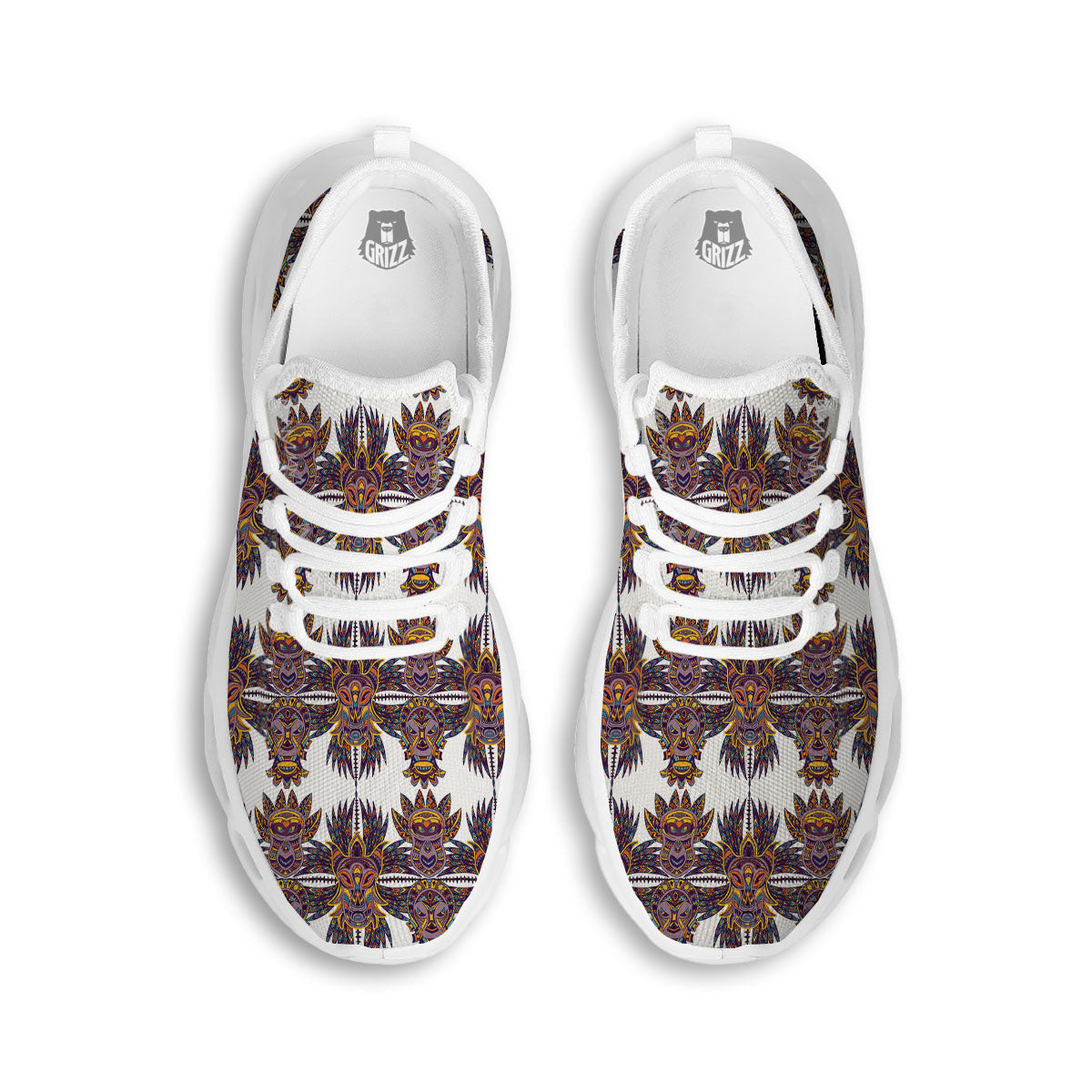 Tiki Mask Ornament Print Pattern White Running Shoes-grizzshop