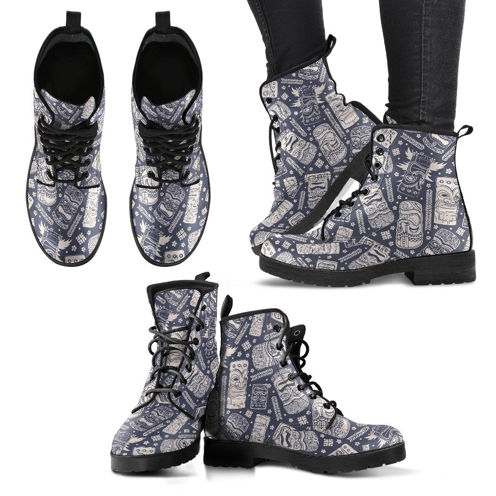 Tiki Pattern Print Men Women Leather Boots-grizzshop