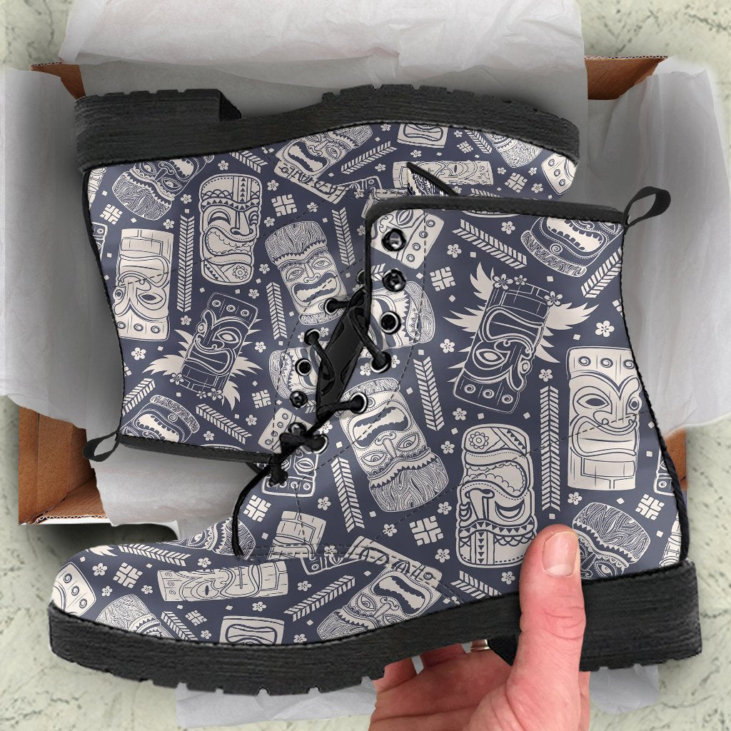 Tiki Pattern Print Men Women Leather Boots-grizzshop