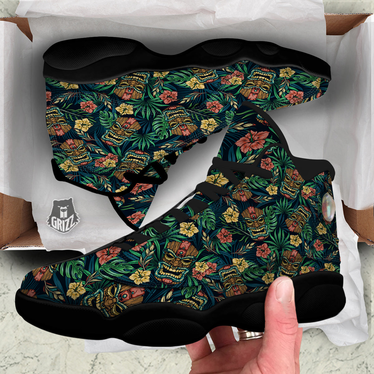 Tiki Tropical Print Pattern Black Basketball Shoes-grizzshop