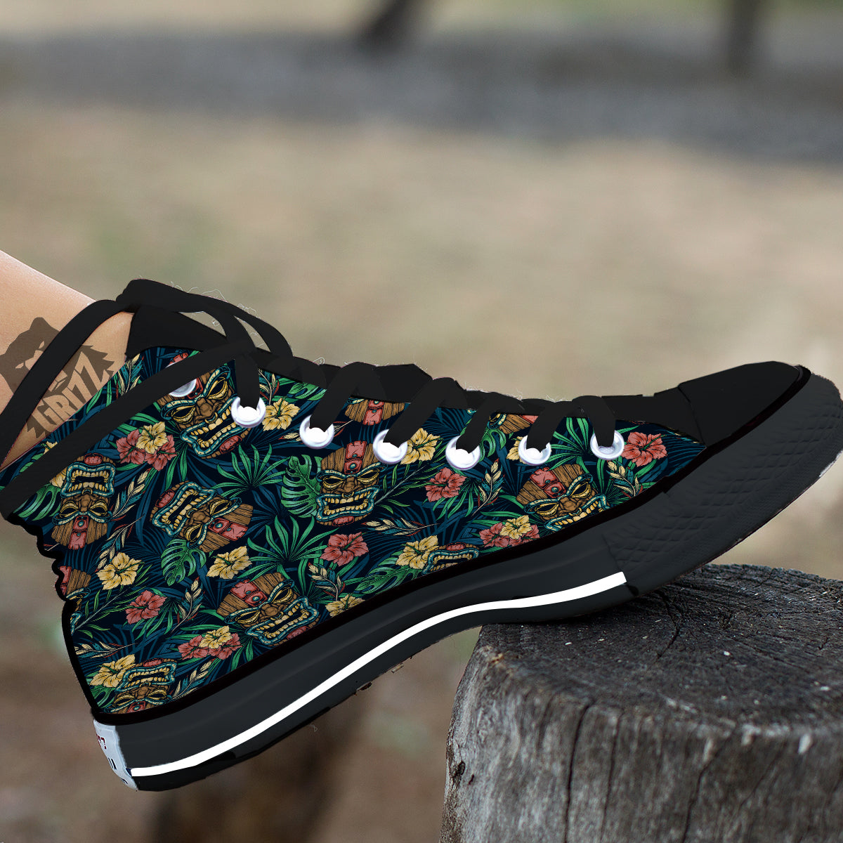Tiki Tropical Print Pattern Black High Top Shoes-grizzshop