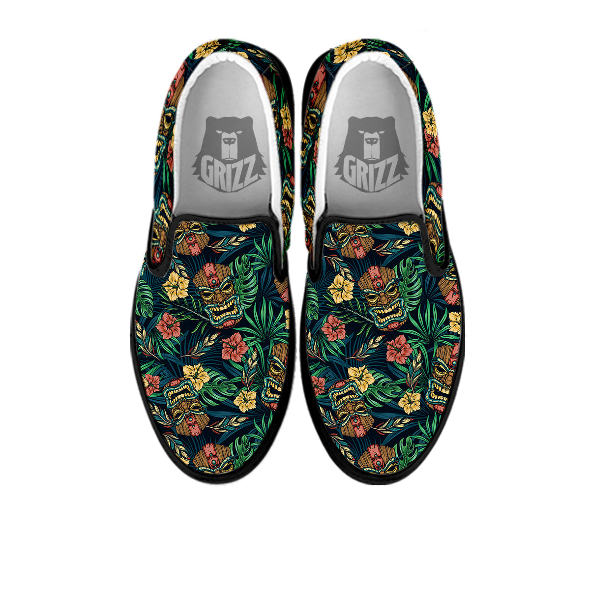 Tiki Tropical Print Pattern Black Slip On Shoes-grizzshop