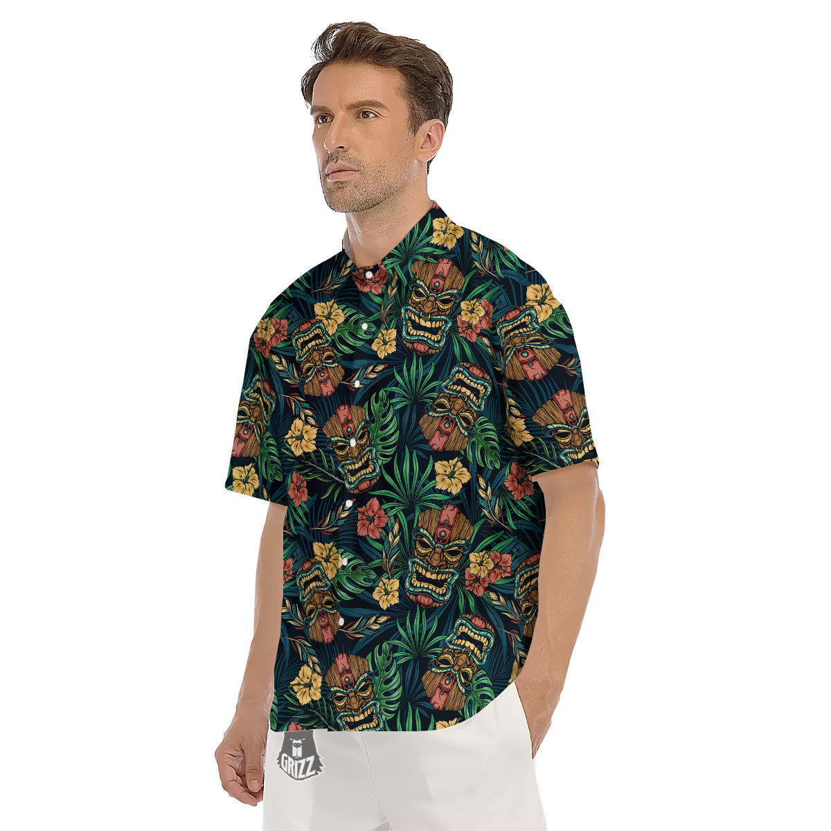 Tiki Tropical Print Pattern Men's Short Sleeve Shirts-grizzshop
