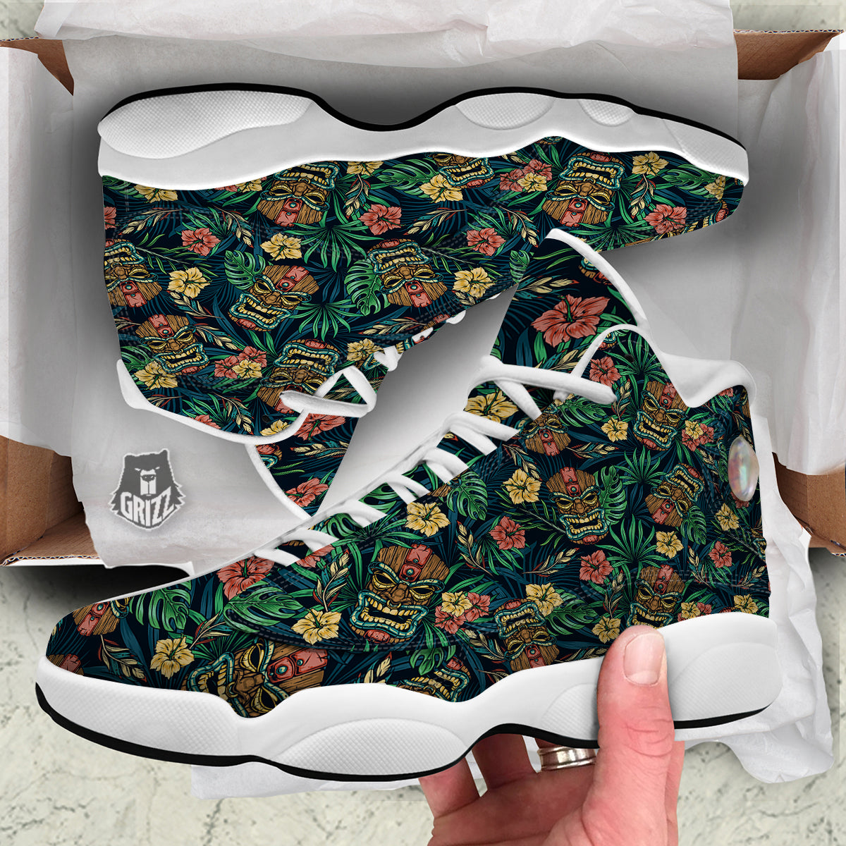 Tiki Tropical Print Pattern White Basketball Shoes-grizzshop