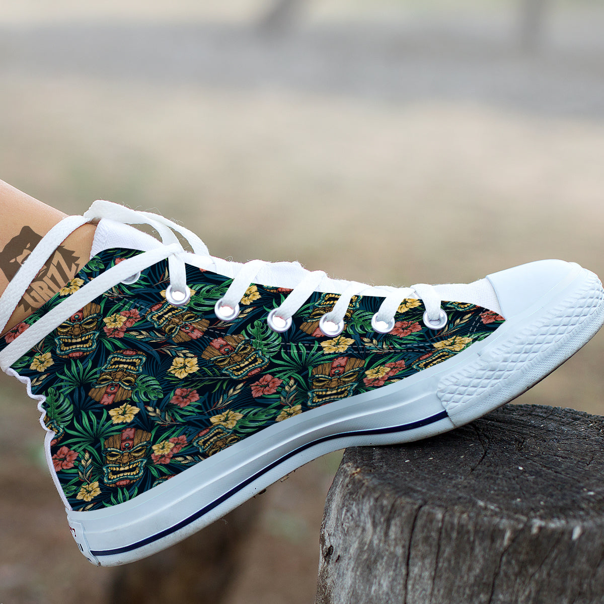 Tiki Tropical Print Pattern White High Top Shoes-grizzshop