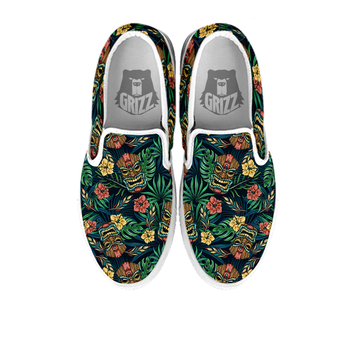 Tiki Tropical Print Pattern White Slip On Shoes-grizzshop