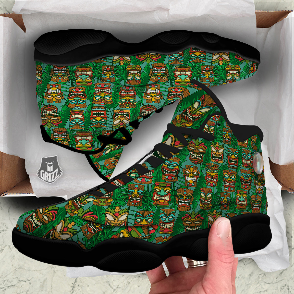 Tiki Wooden Print Pattern Black Basketball Shoes-grizzshop