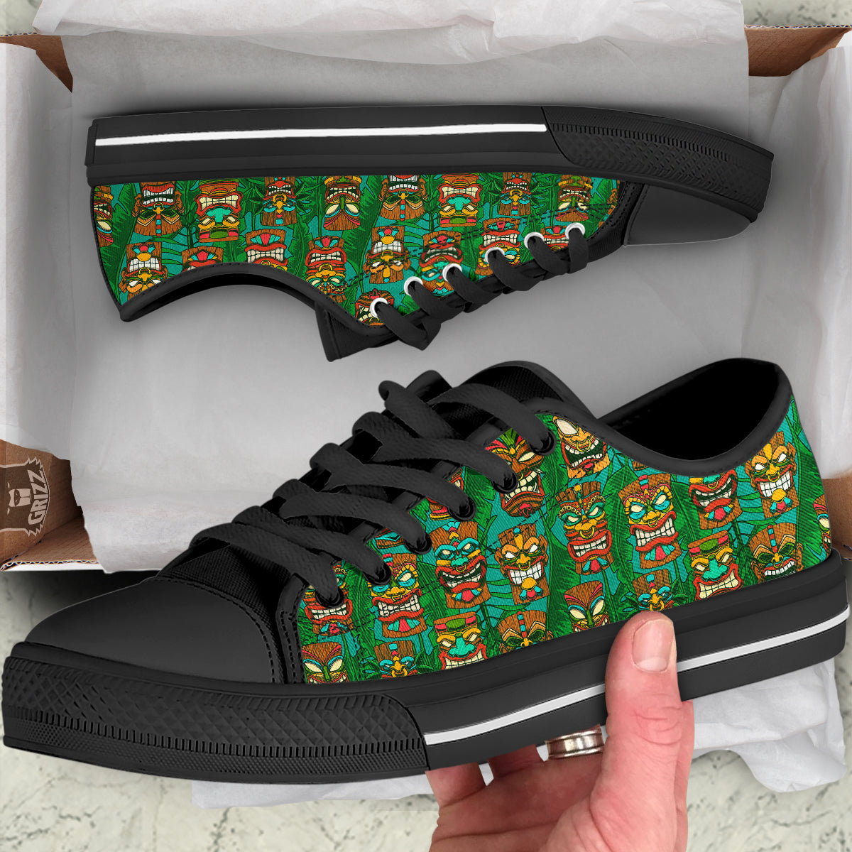 Tiki Wooden Print Pattern Black Low Top Shoes-grizzshop