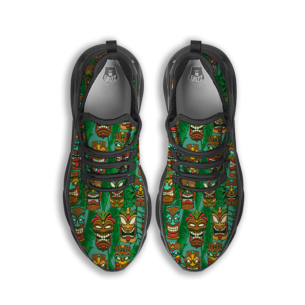 Tiki Wooden Print Pattern Black Running Shoes-grizzshop
