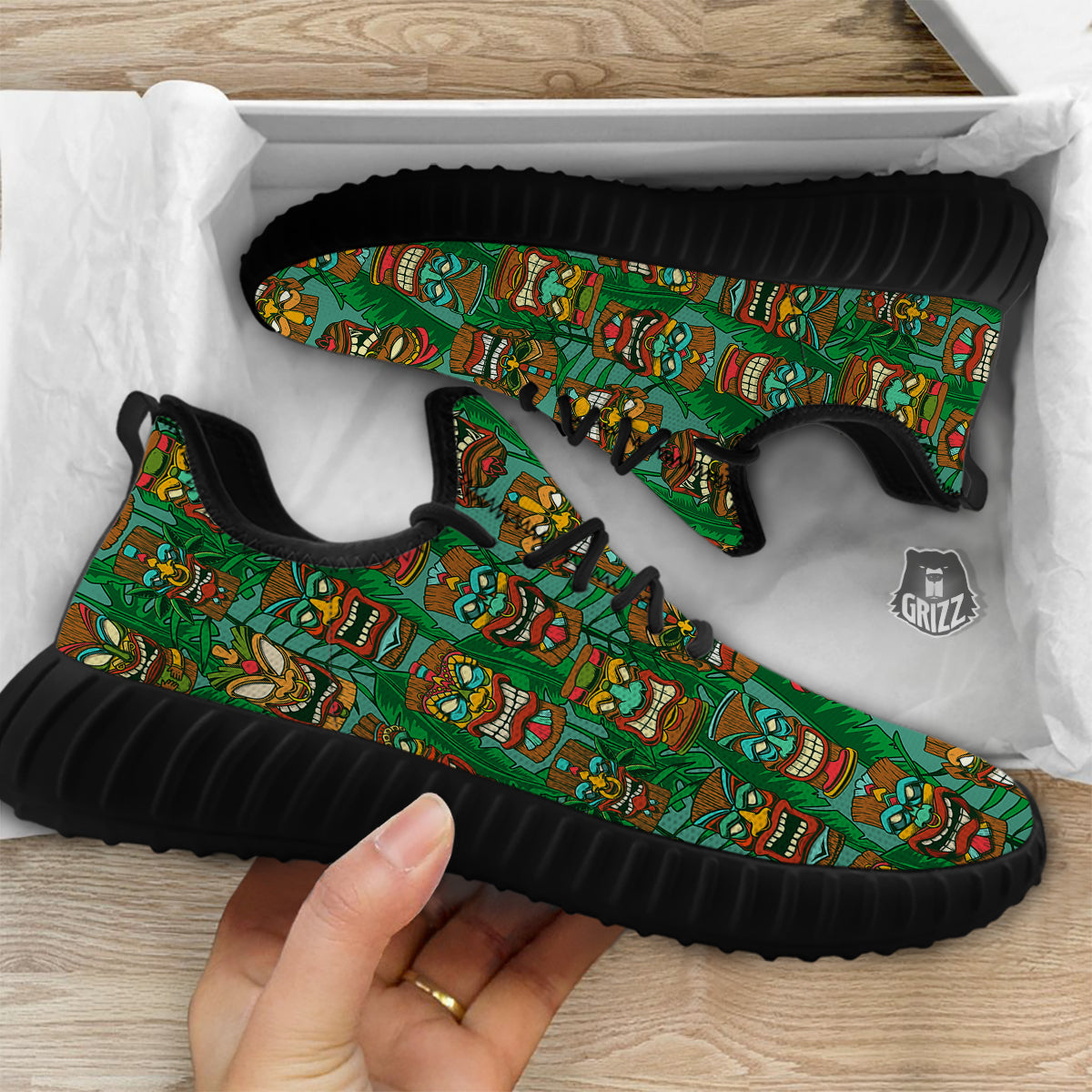 Tiki Wooden Print Pattern Black Walking Shoes-grizzshop
