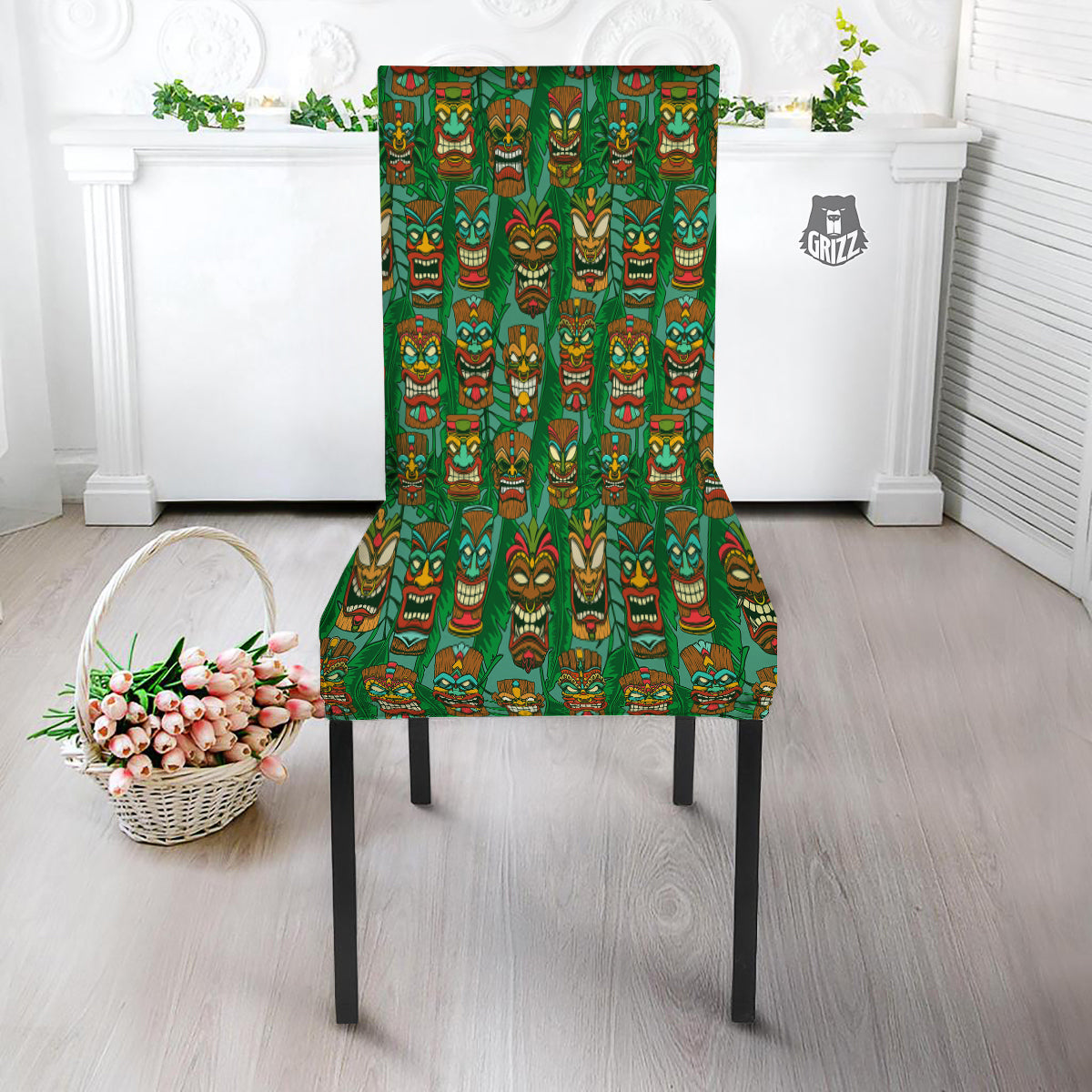Tiki Wooden Print Pattern Dining Chair Slipcover-grizzshop