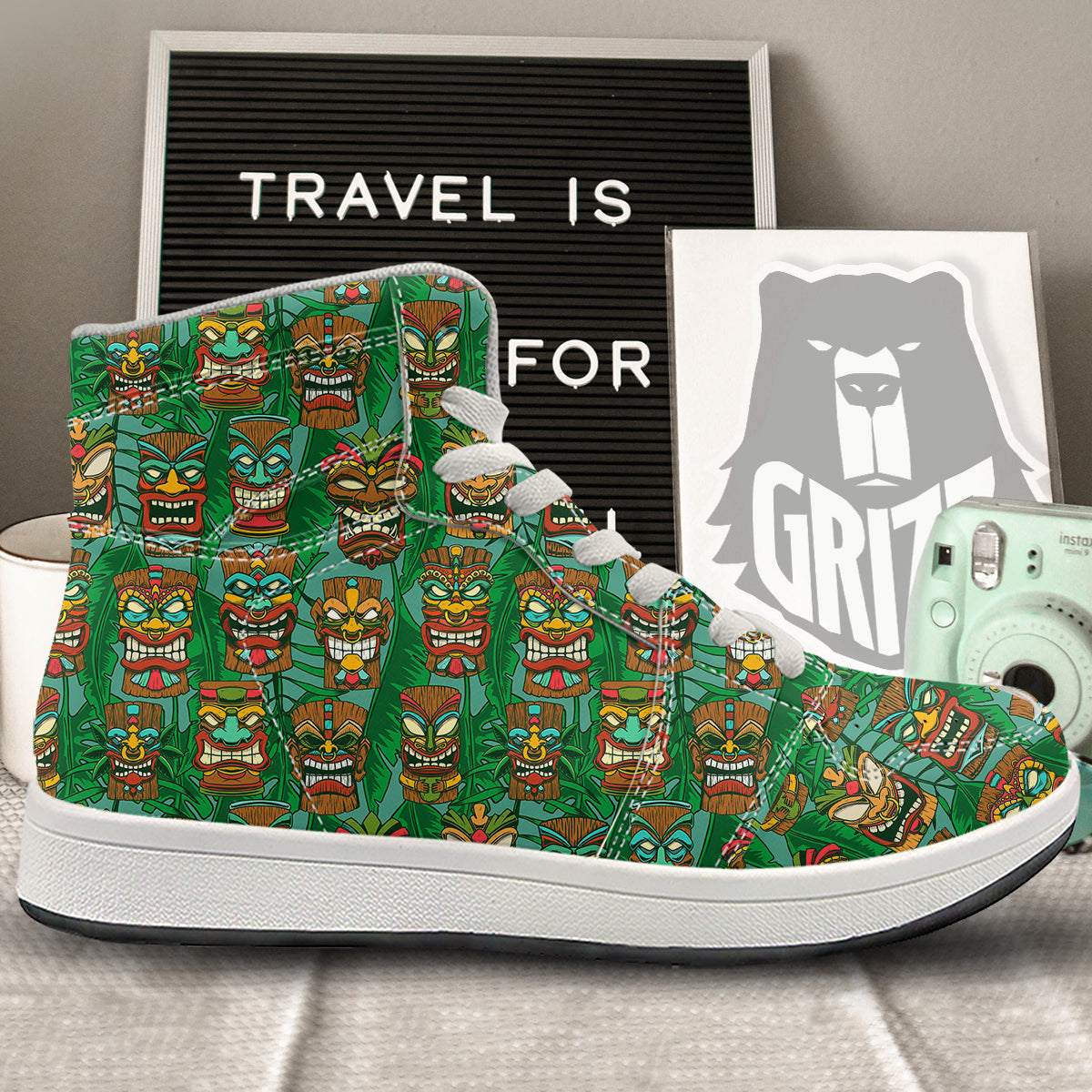 Tiki Wooden Print Pattern High Top Sneakers-grizzshop