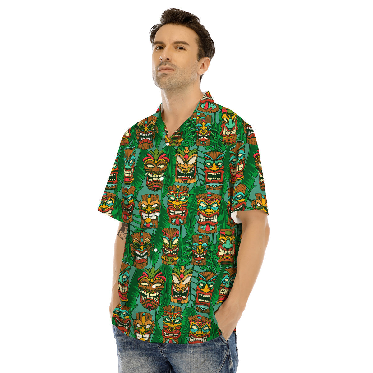 Tiki Wooden Print Pattern Men's Hawaiian Shirt-grizzshop