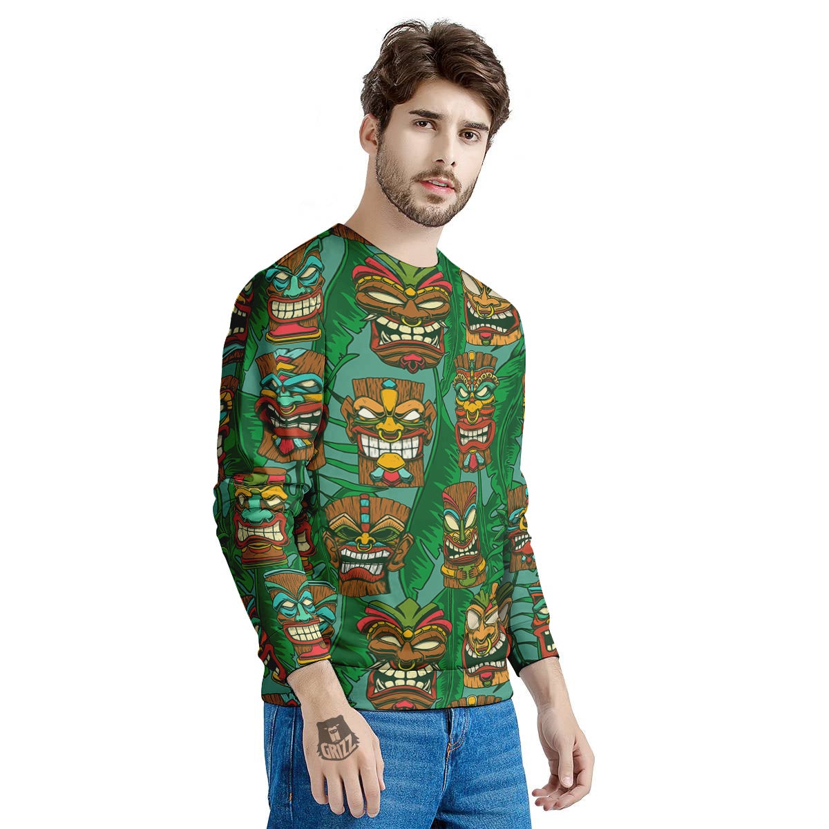 Tiki Wooden Print Pattern Men's Sweatshirt-grizzshop