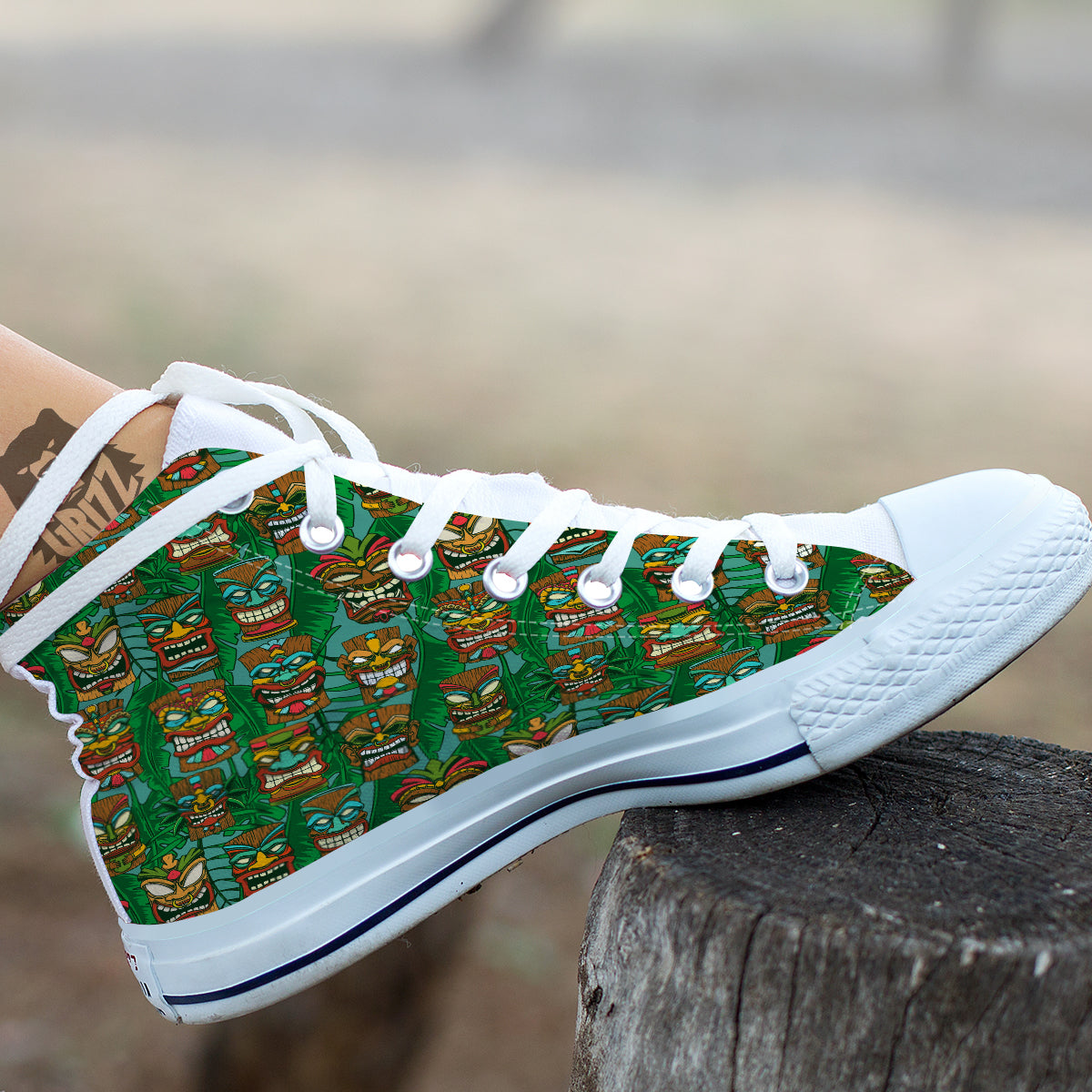 Tiki Wooden Print Pattern White High Top Shoes-grizzshop
