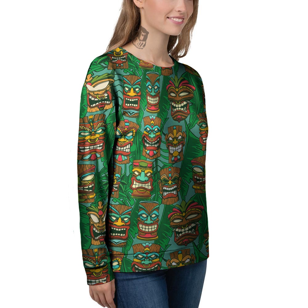 Tiki Wooden Print Pattern Women's Sweatshirt-grizzshop