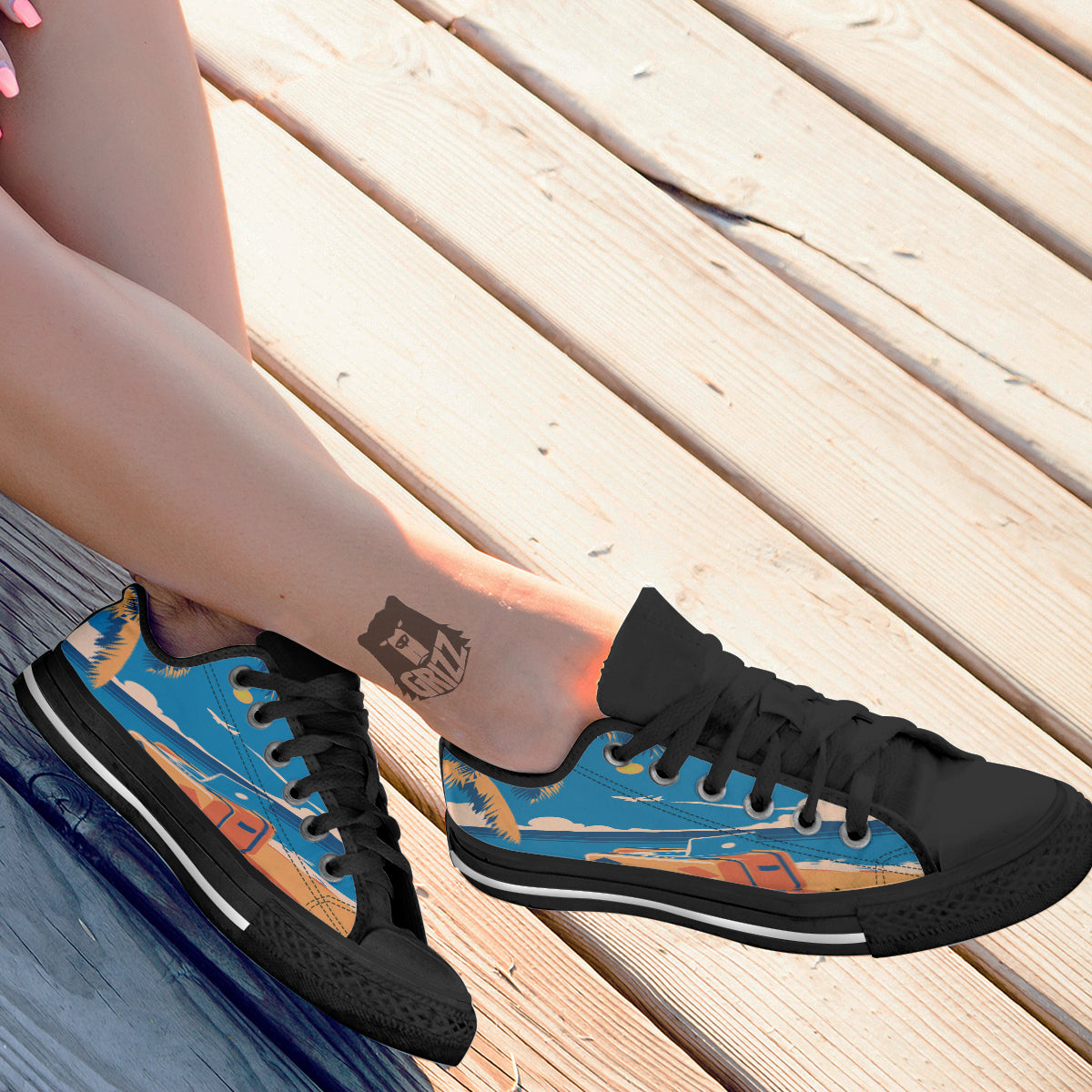 Time To Travel Summer Holiday Print Black Low Top Shoes-grizzshop