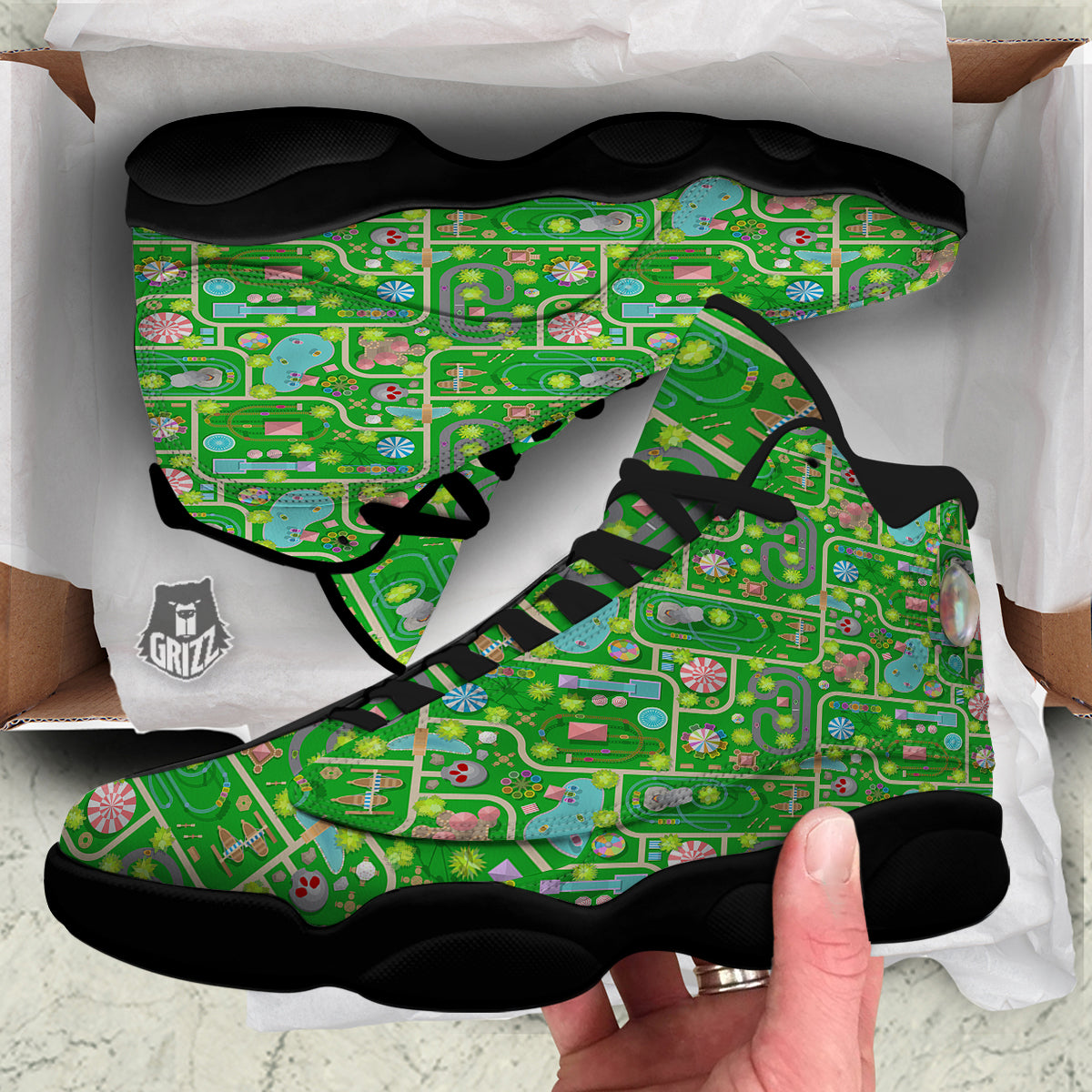 Top View Amusement Park Print Pattern Black Basketball Shoes-grizzshop