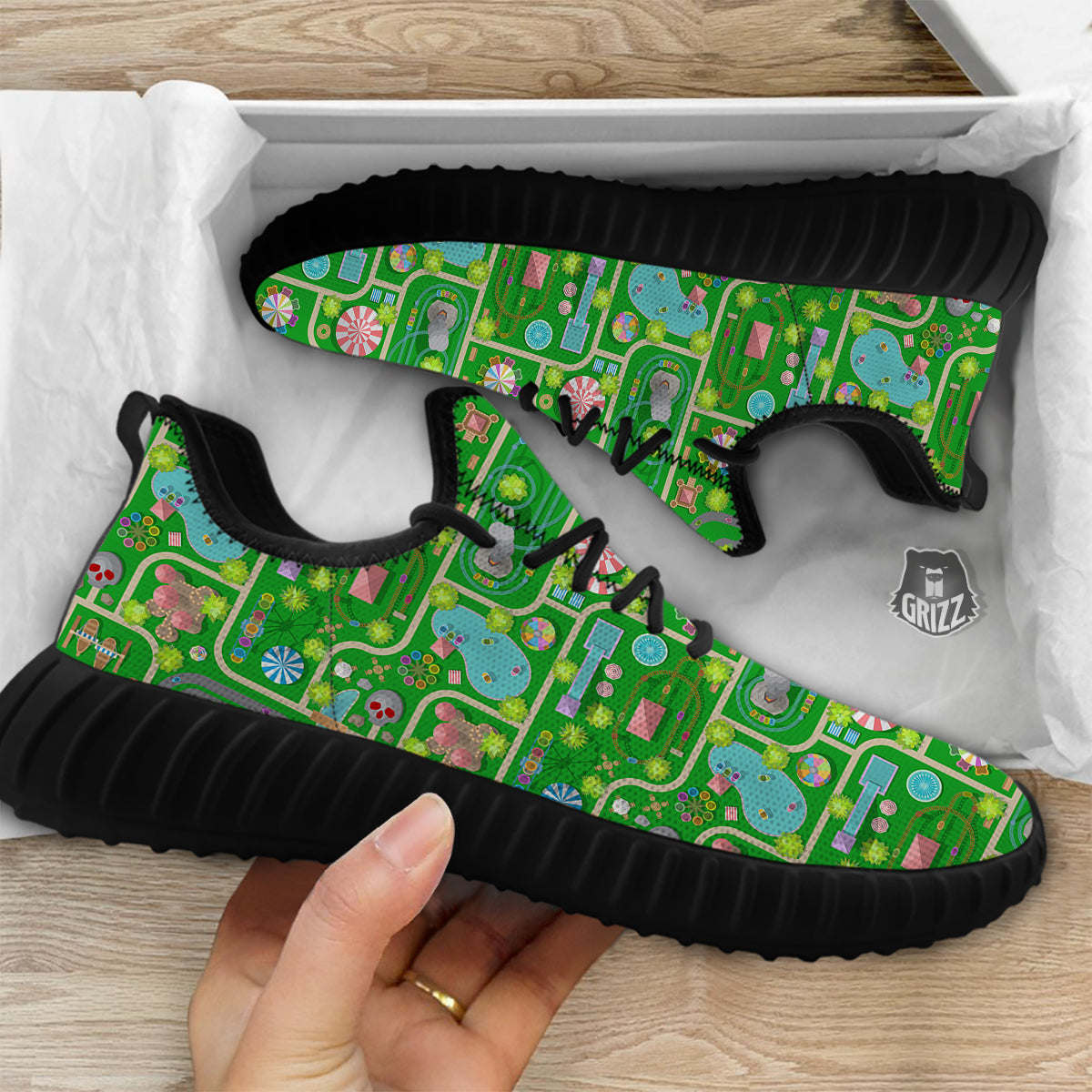 Top View Amusement Park Print Pattern Black Walking Shoes-grizzshop