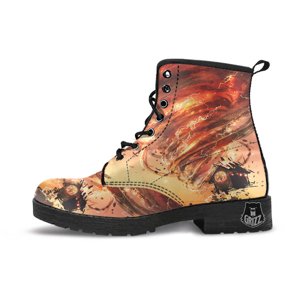 Tornado Destroy Watercolor Print Leather Boots-grizzshop