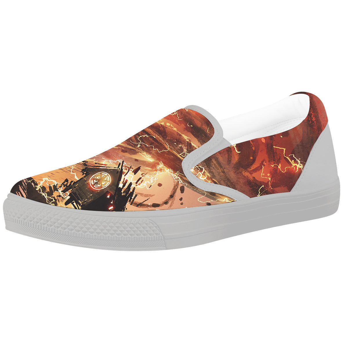 Tornado Destroy Watercolor Print White Slip On Shoes-grizzshop