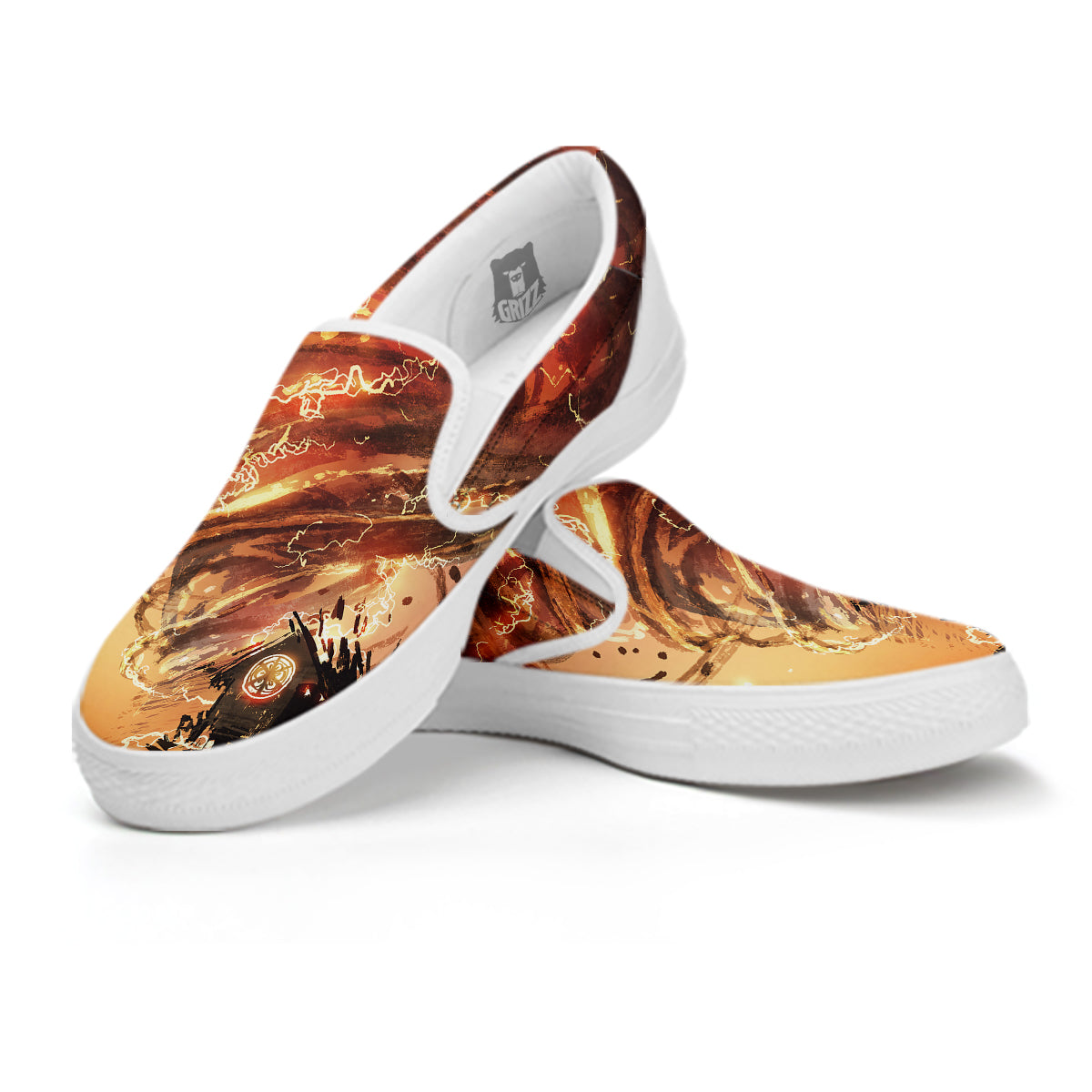 Tornado Destroy Watercolor Print White Slip On Shoes-grizzshop