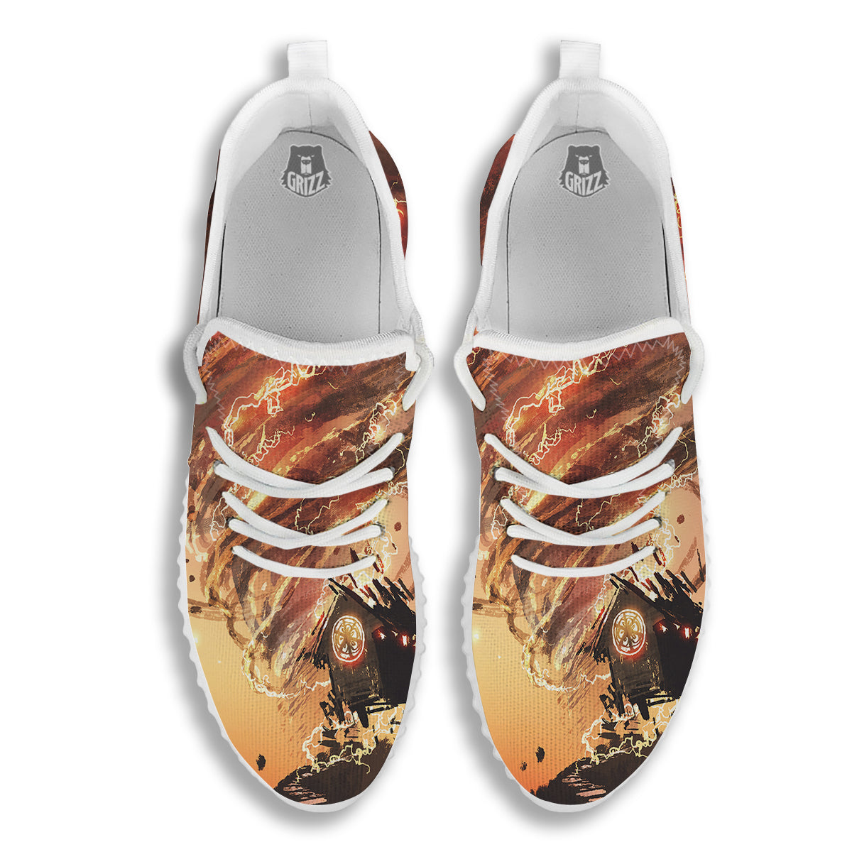 Tornado Destroy Watercolor Print White Walking Shoes-grizzshop