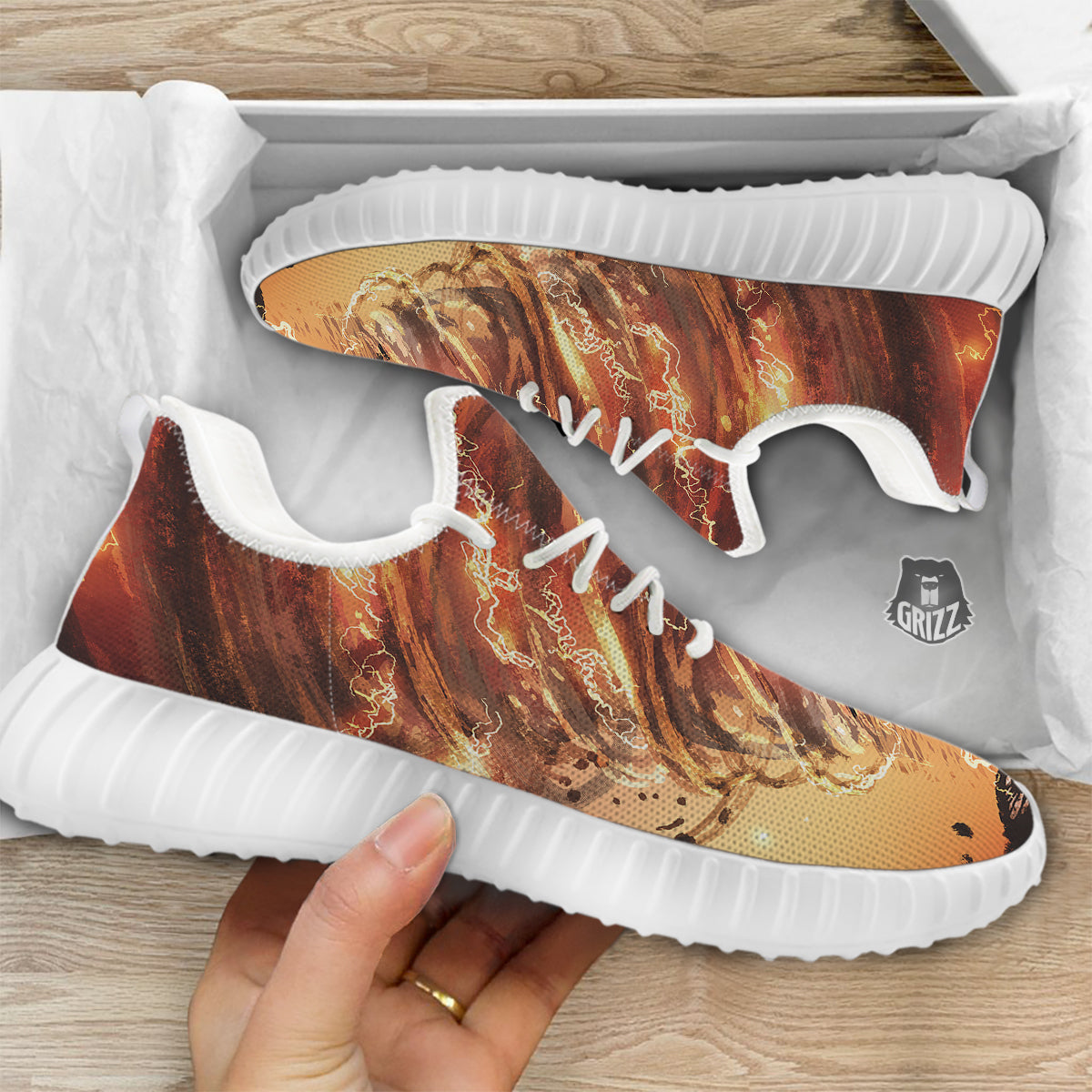 Tornado Destroy Watercolor Print White Walking Shoes-grizzshop