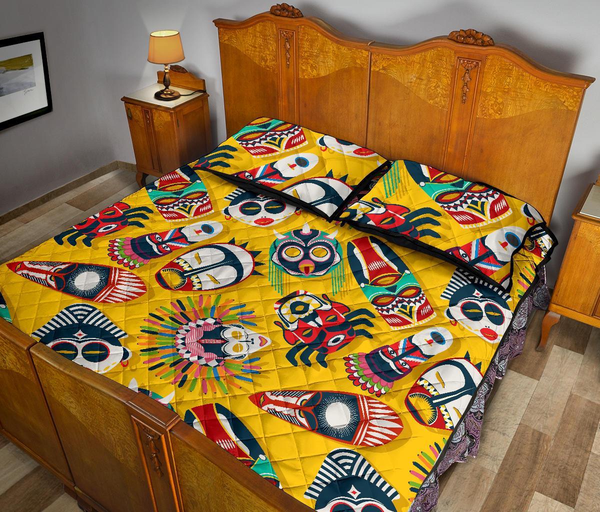 Totem Mask Pattern Print Bed Set Quilt-grizzshop