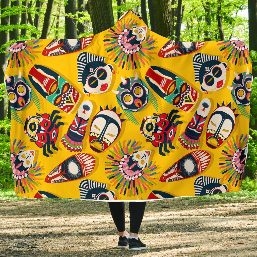 Totem Mask Pattern Print Hooded Blanket-grizzshop