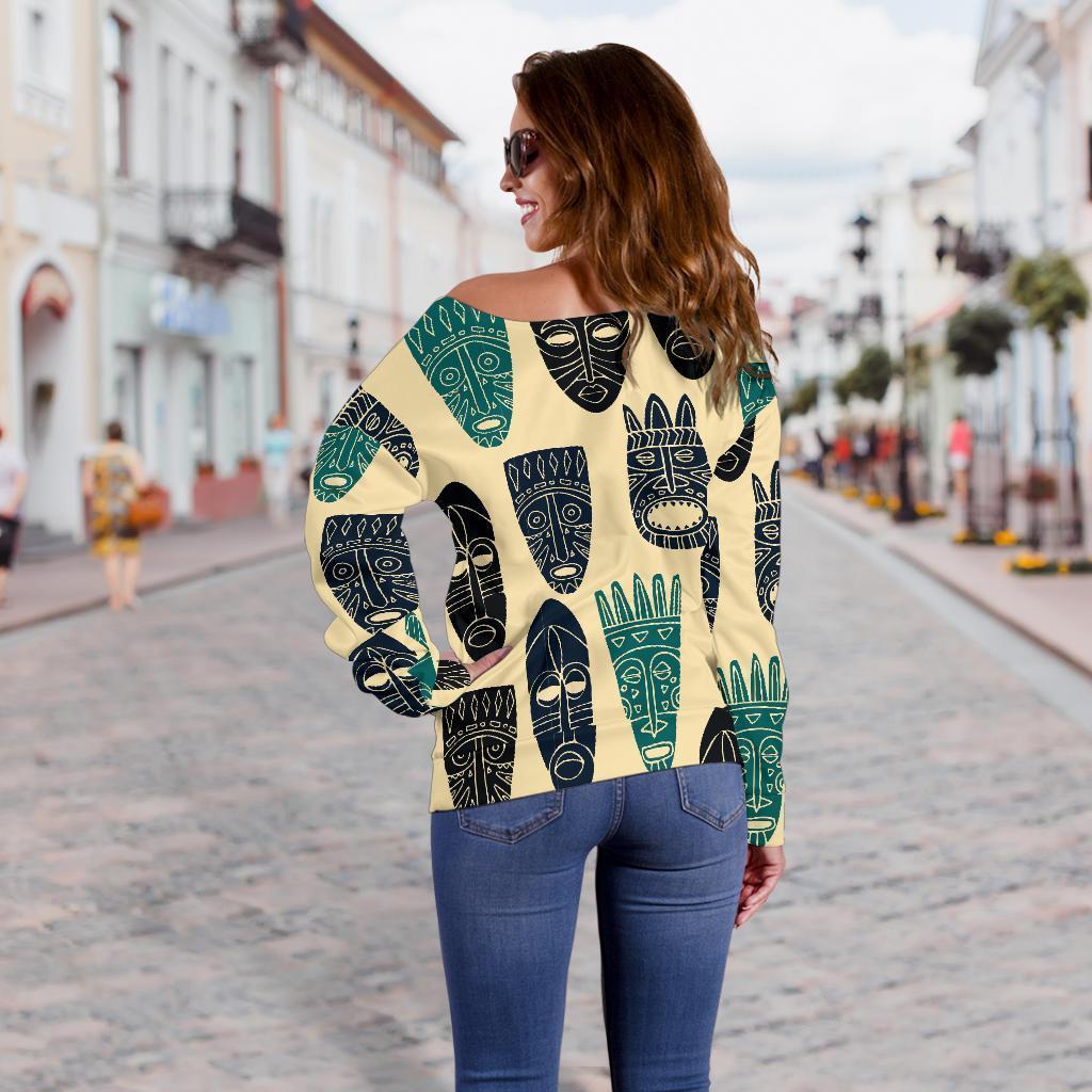 Totem Mask Print Pattern Women Off Shoulder Sweatshirt-grizzshop