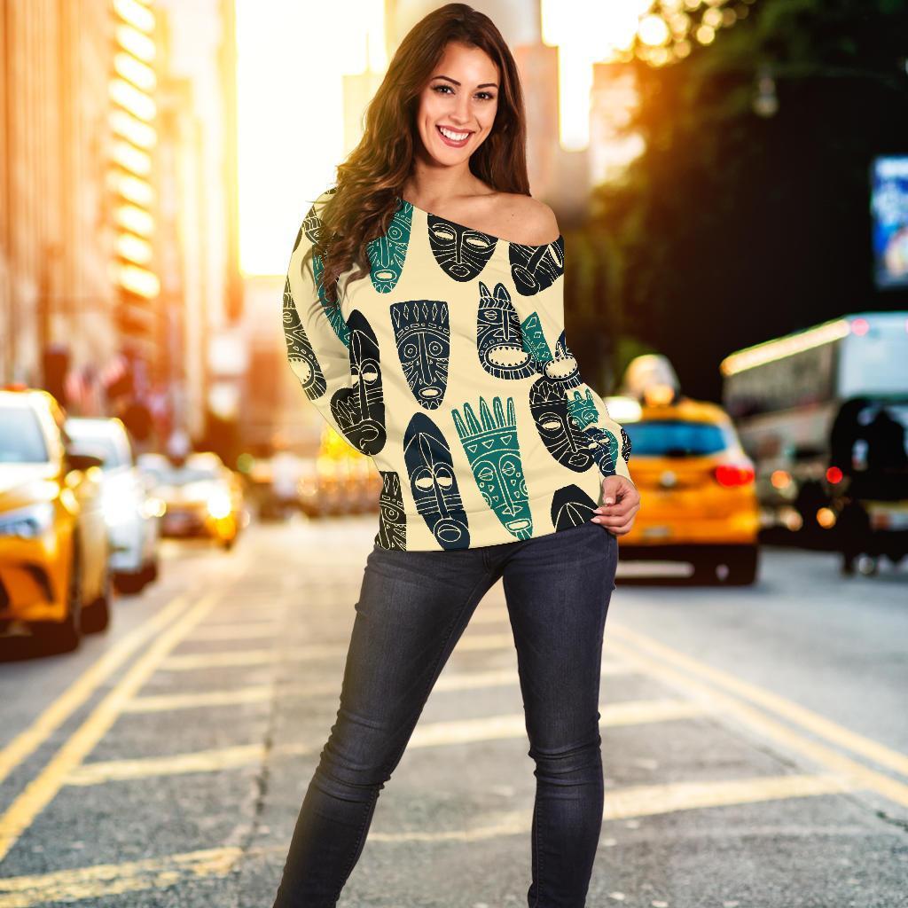 Totem Mask Print Pattern Women Off Shoulder Sweatshirt-grizzshop