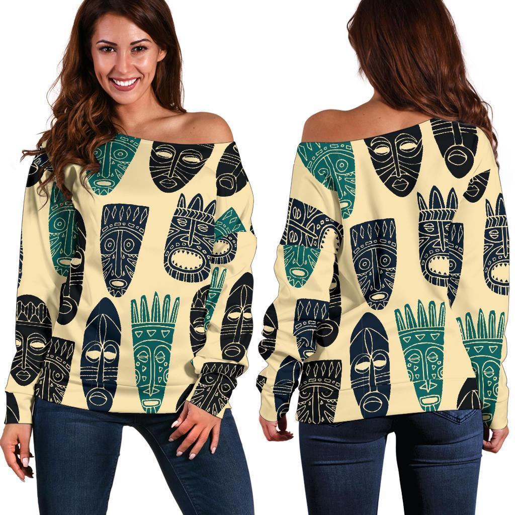 Totem Mask Print Pattern Women Off Shoulder Sweatshirt-grizzshop