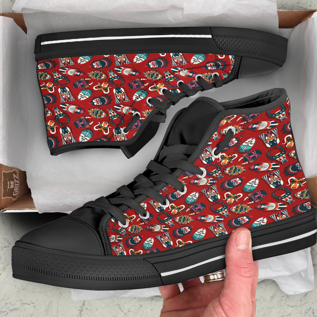 Totem Masks African Print Pattern Black High Top Shoes-grizzshop
