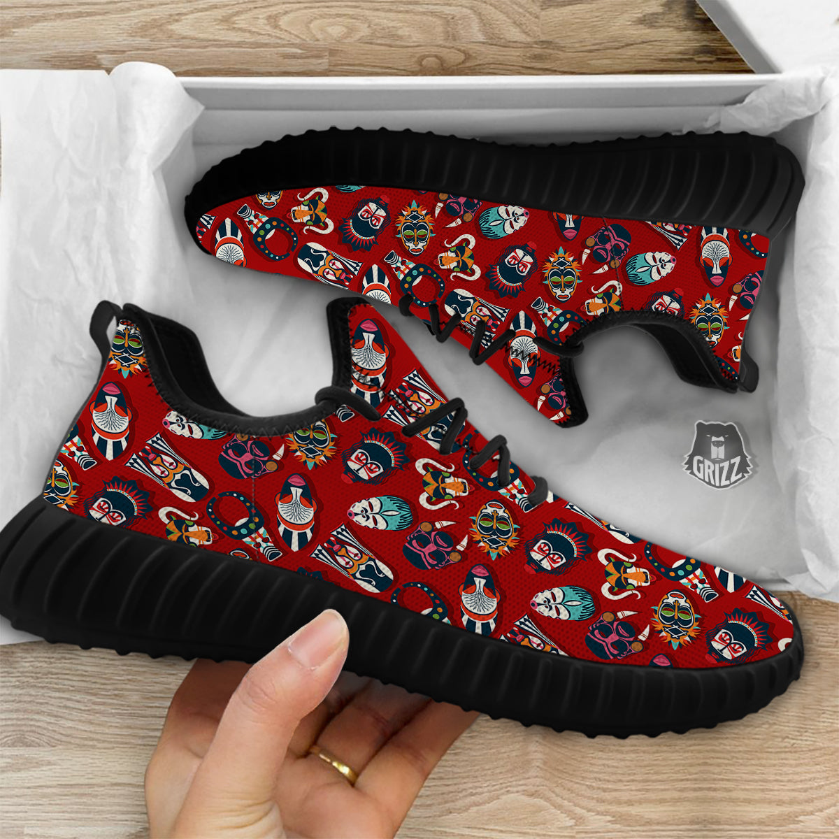 Totem Masks African Print Pattern Black Walking Shoes-grizzshop