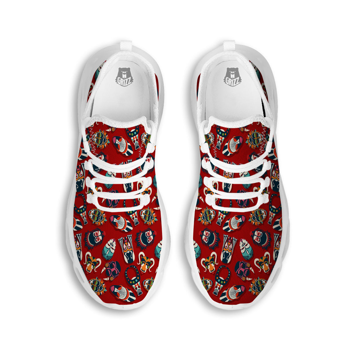 Totem Masks African Print Pattern White Running Shoes-grizzshop