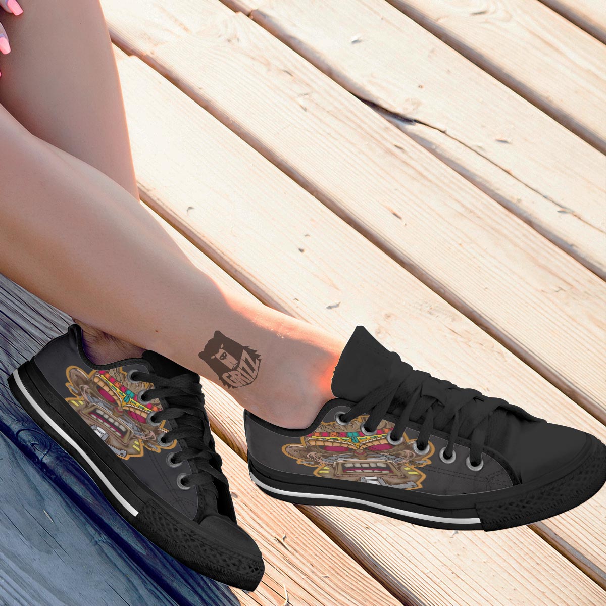 Totem Tiki Print Black Low Top Shoes-grizzshop