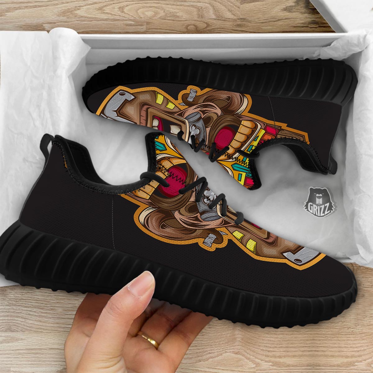 Totem Tiki Print Black Walking Shoes-grizzshop