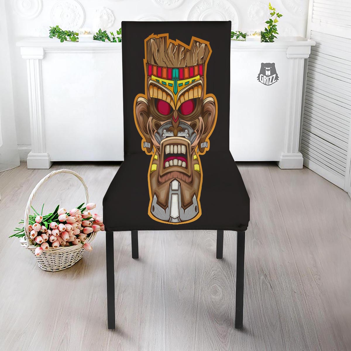 Totem Tiki Print Dining Chair Slipcover-grizzshop