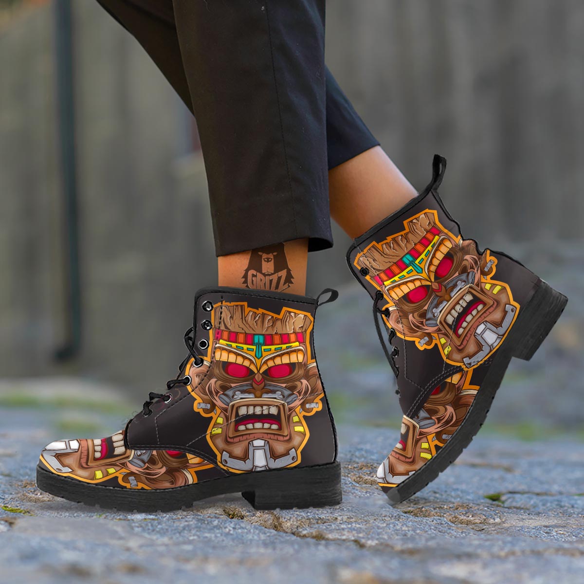 Totem Tiki Print Leather Boots-grizzshop