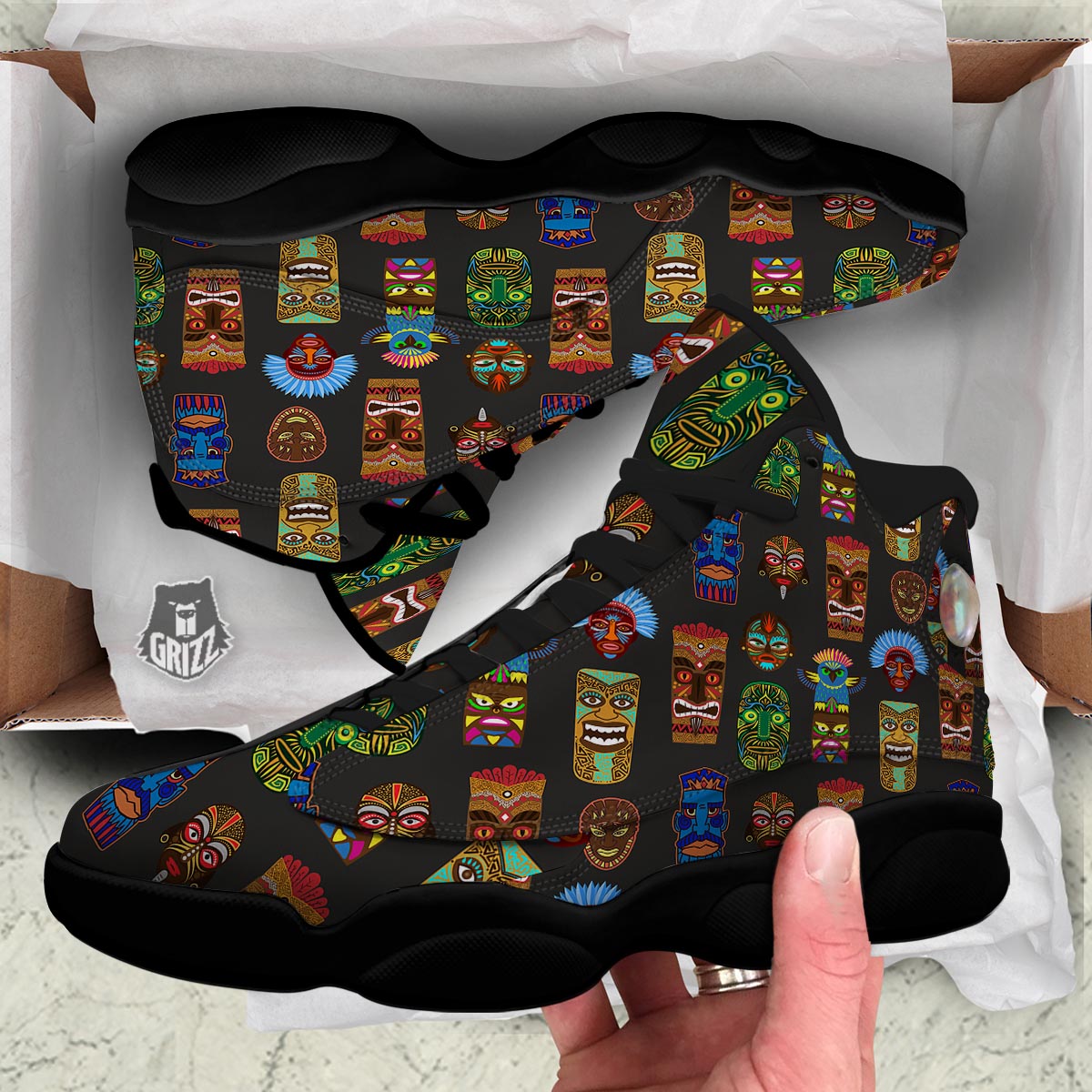 Totem Tiki Print Pattern Black Basketball Shoes-grizzshop