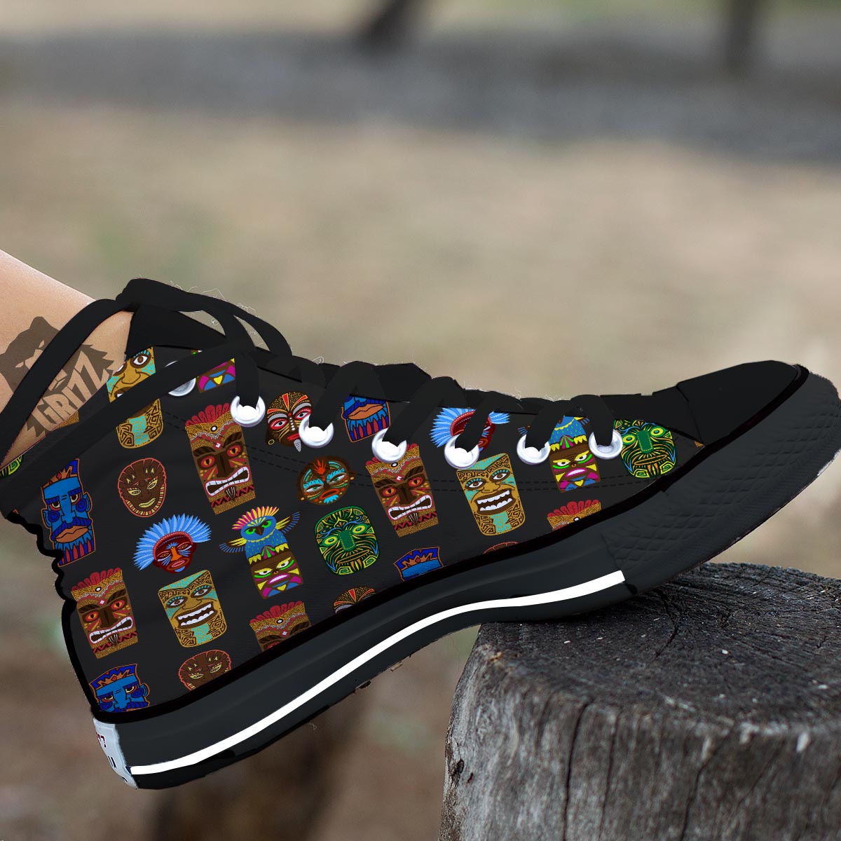 Totem Tiki Print Pattern Black High Top Shoes-grizzshop