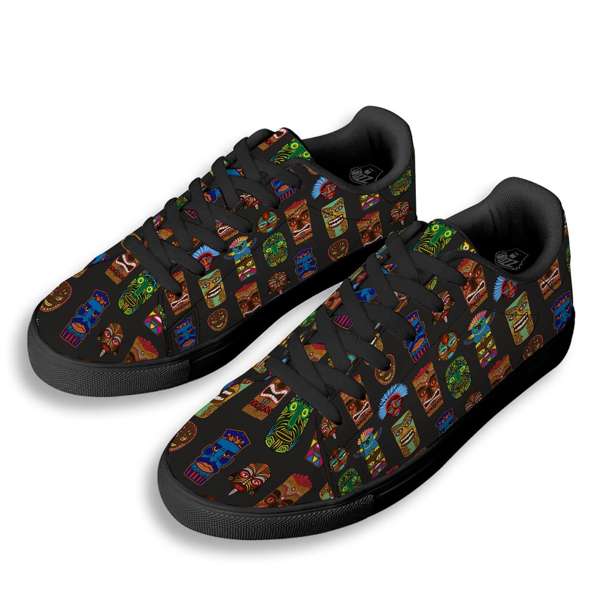 Totem Tiki Print Pattern Black Low Top Sneakers-grizzshop