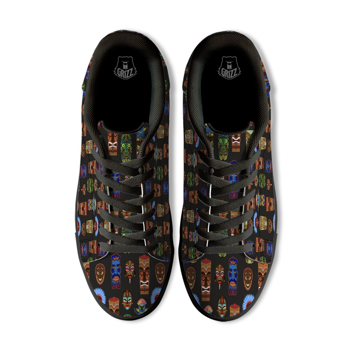 Totem Tiki Print Pattern Black Low Top Sneakers-grizzshop