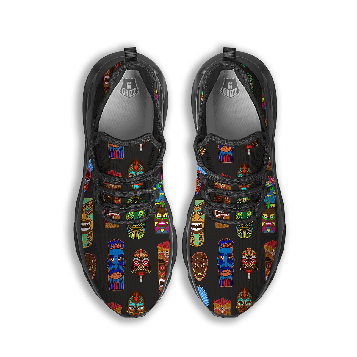 Totem Tiki Print Pattern Black Running Shoes-grizzshop
