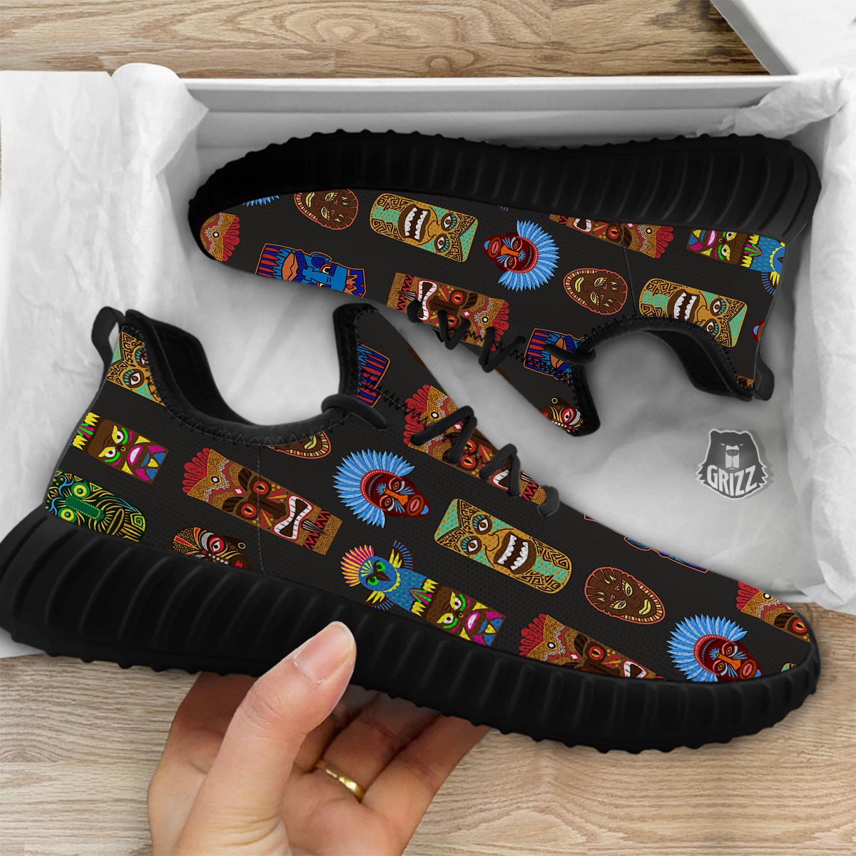 Totem Tiki Print Pattern Black Walking Shoes-grizzshop