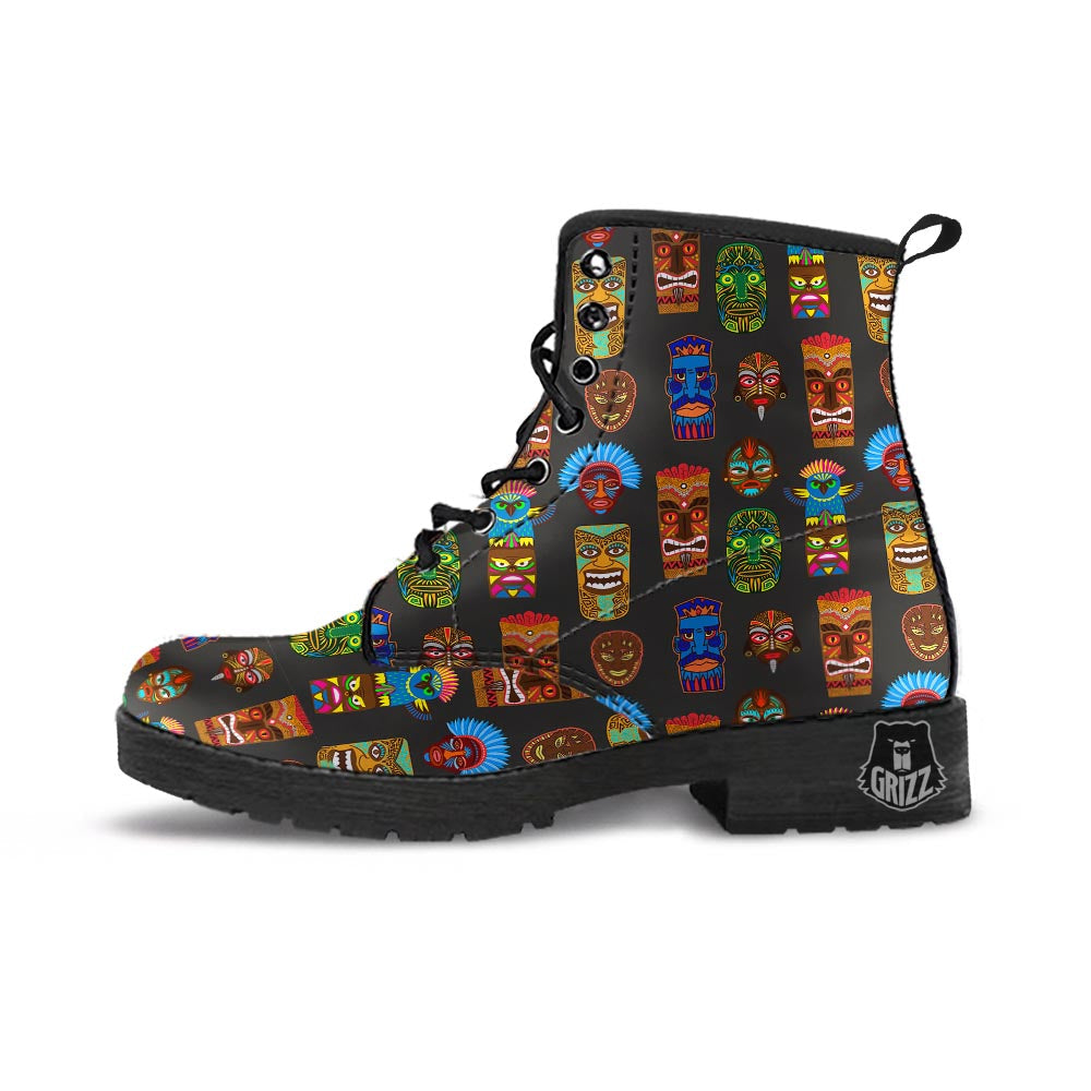 Totem Tiki Print Pattern Leather Boots-grizzshop