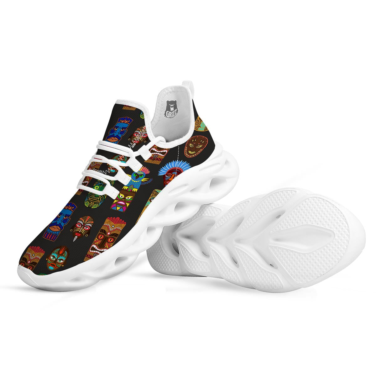 Totem Tiki Print Pattern White Running Shoes-grizzshop