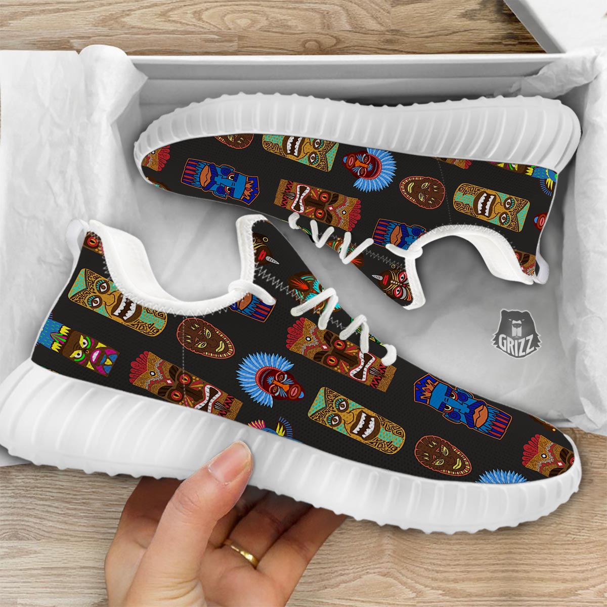 Totem Tiki Print Pattern White Walking Shoes-grizzshop